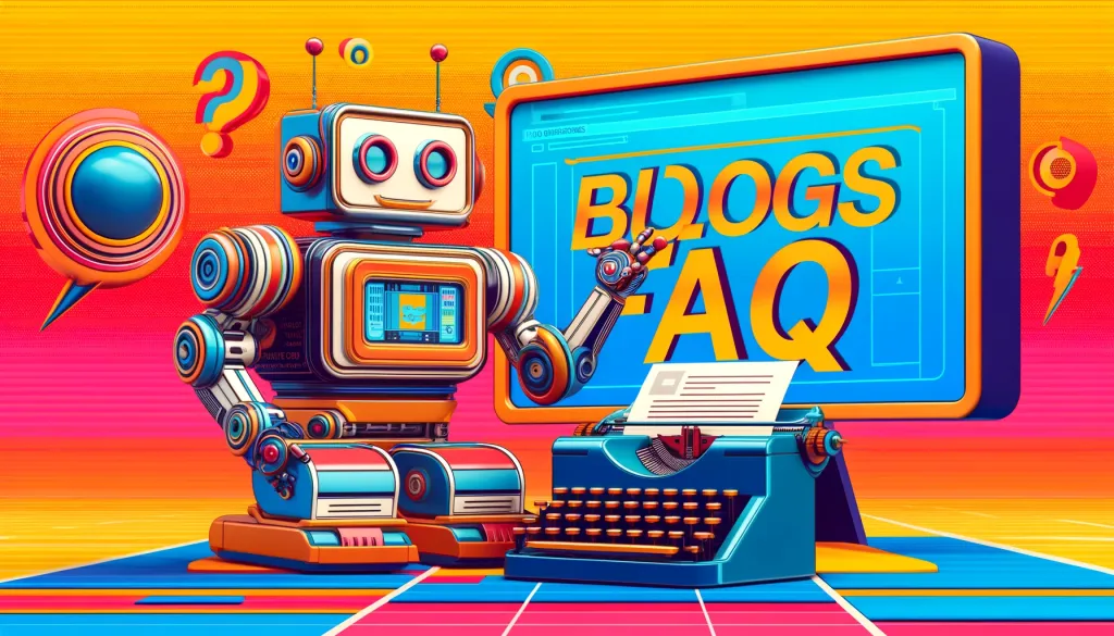 Un robot amical écrivant des blogs sur une machine à écrire ancienne avec un grand écran affichant des questions FAQ à côté