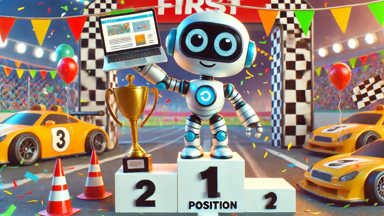 Atteindre la première position Google en utilisant la position zéro SEO et améliorer le classement Google. Un robot joyeux aux grands yeux globuleux, sur un podium en première position Google, tenant un ordinateur avec un site web en guise de trophée. L'ambiance est festive après une course de voiture, avec des décorations colorées. Cela illustre le concept de position zéro SEO et le classement Google.