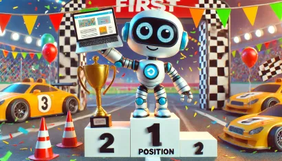 Atteindre la première position Google en utilisant la position zéro SEO et améliorer le classement Google. Un robot joyeux aux grands yeux globuleux, sur un podium en première position Google, tenant un ordinateur avec un site web en guise de trophée. L'ambiance est festive après une course de voiture, avec des décorations colorées. Cela illustre le concept de position zéro SEO et le classement Google.