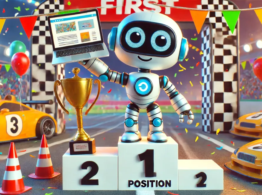 Atteindre la première position Google en utilisant la position zéro SEO et améliorer le classement Google. Un robot joyeux aux grands yeux globuleux, sur un podium en première position Google, tenant un ordinateur avec un site web en guise de trophée. L'ambiance est festive après une course de voiture, avec des décorations colorées. Cela illustre le concept de position zéro SEO et le classement Google.