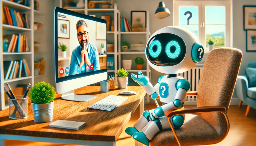 Un robot amical avec de grands yeux verts/bleus participe à un webinaire depuis son domicile.