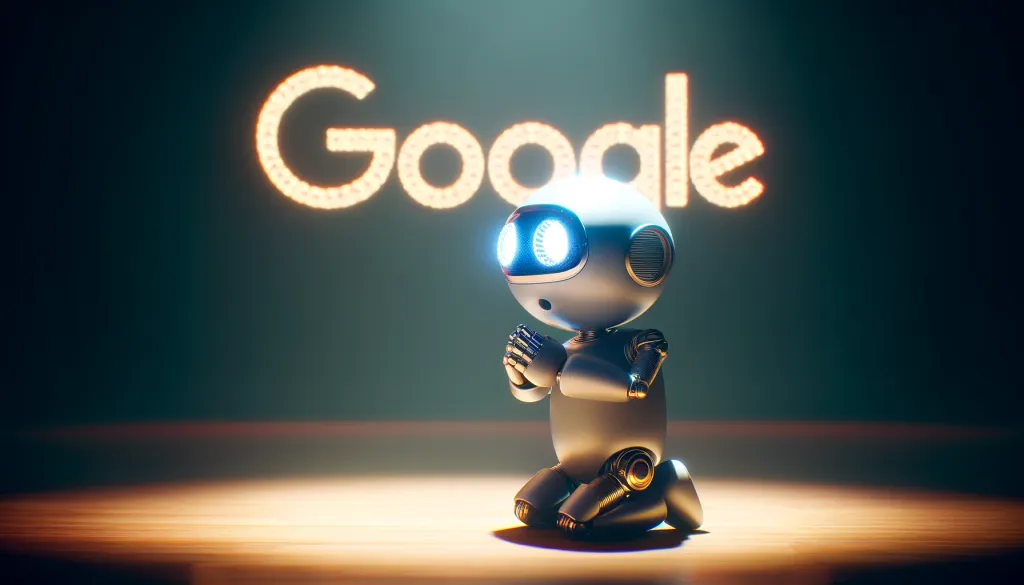 Atteindre la première position Google et optimiser le classement des recherches Google grâce à la position zéro SEO. Un robot à genoux, mains croisées en prière, regardant le logo Google au loin. Cette image symbolise la quête de la première position Google et le classement des recherches Google avec une atmosphère calme et sereine.