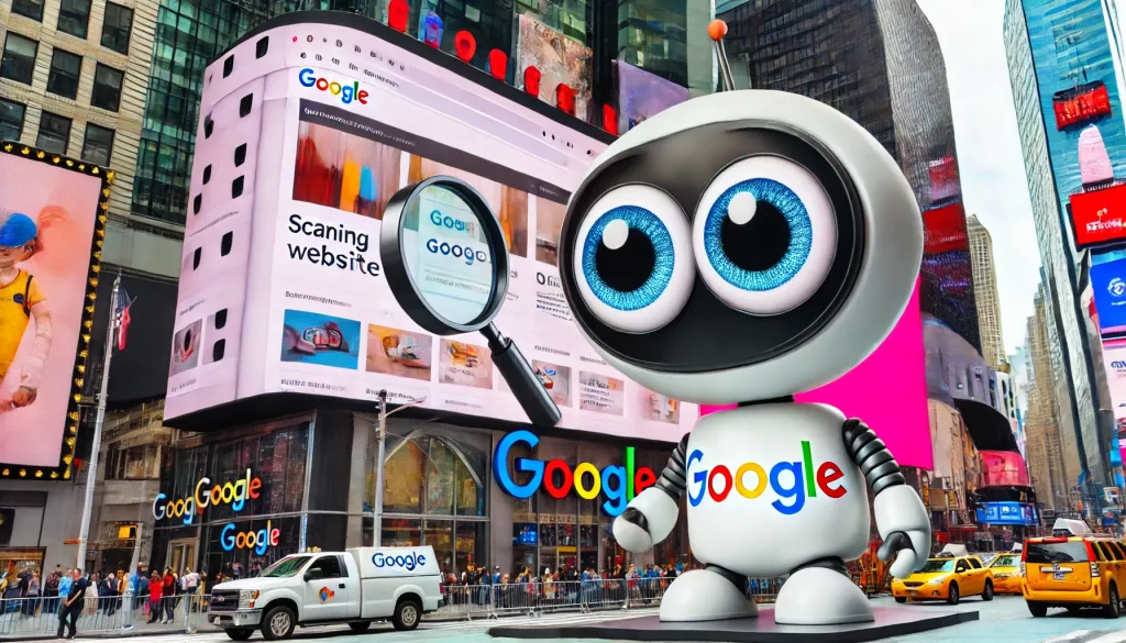 Robot joyeux scannant un site web sur un écran géant à Times Square, NYC, avec des logos Google en arrière-plan. L'indexation du web est visible sur l'écran.