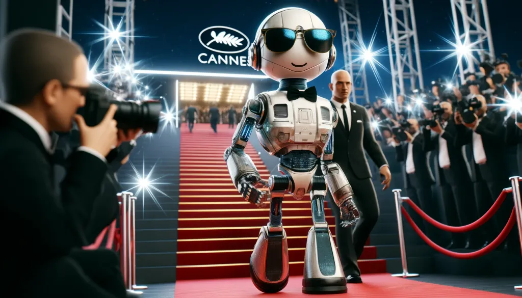 Un robot amical est présenté comme une star, avec des caméras et des flashes qui l'entourent alors qu'il monte les marches du Festival de Cannes 2024.