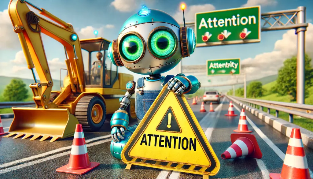 Un robot utilisant une machine de chantier pour placer un panneau "ATTENTION" sur l'autoroute de l'autorité de domaine.