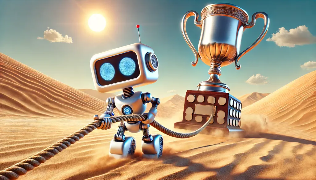 Atteindre la première position Google et surmonter les défis du classement Google en utilisant la position zéro SEO. Un robot traînant une lourde coupe de champion avec une corde dans un désert, visiblement épuisé sous le soleil brûlant. Cette image représente le défi d'atteindre la première position Google et le classement Google, illustrant la difficulté de maintenir la position zéro SEO.