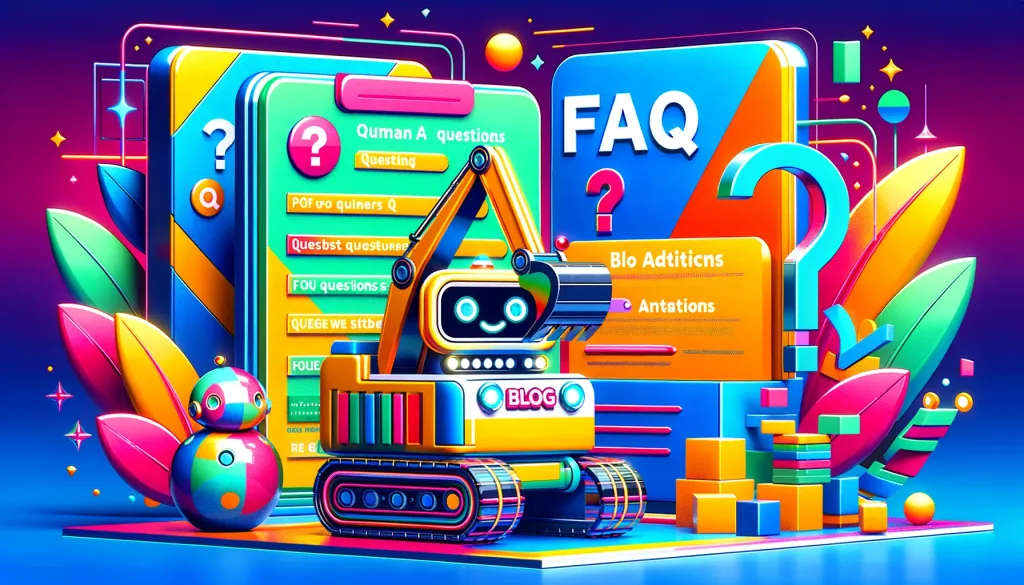 Un robot utilisant une pelleteuse pour transporter des questions FAQ vers des articles de blog