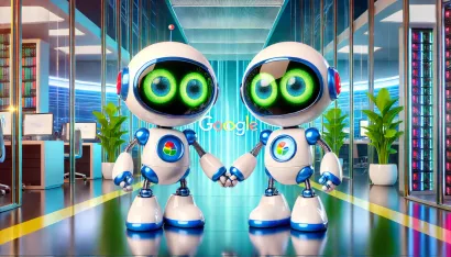 Deux robots jumeaux tenant des panneaux "Autorité de Page VS Autorité de Domaine" dans un cadre futuriste.