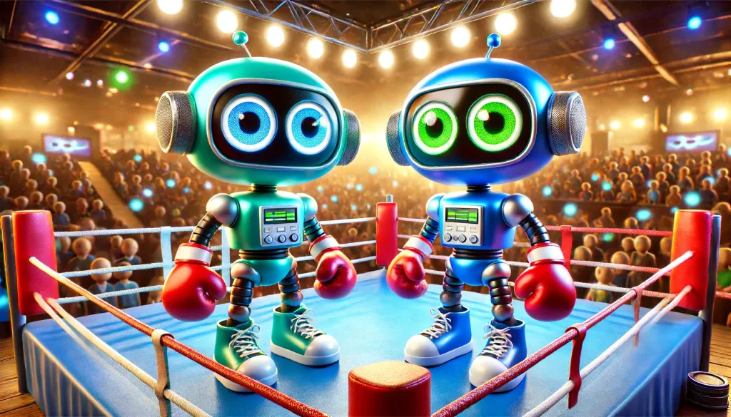 Deux robots amicals sur un ring de boxe, prêts à se confronter.