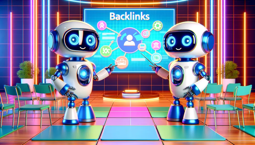 Un robot pose une question sur l'analyse de backlink lors d’un séminaire futuriste, avec un autre robot sur un écran qui explique le concept.