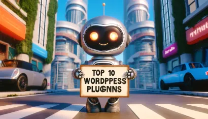 Un robot sympathique avec de grands yeux tenant une pancarte avec écrit "PLUGINS" dans une rue futuriste entre des immeubles.