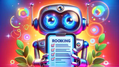 Un robot mignon et amical avec de grands yeux présente une liste de conseils pour améliorer le classement Google, dans une scène moderne et colorée.