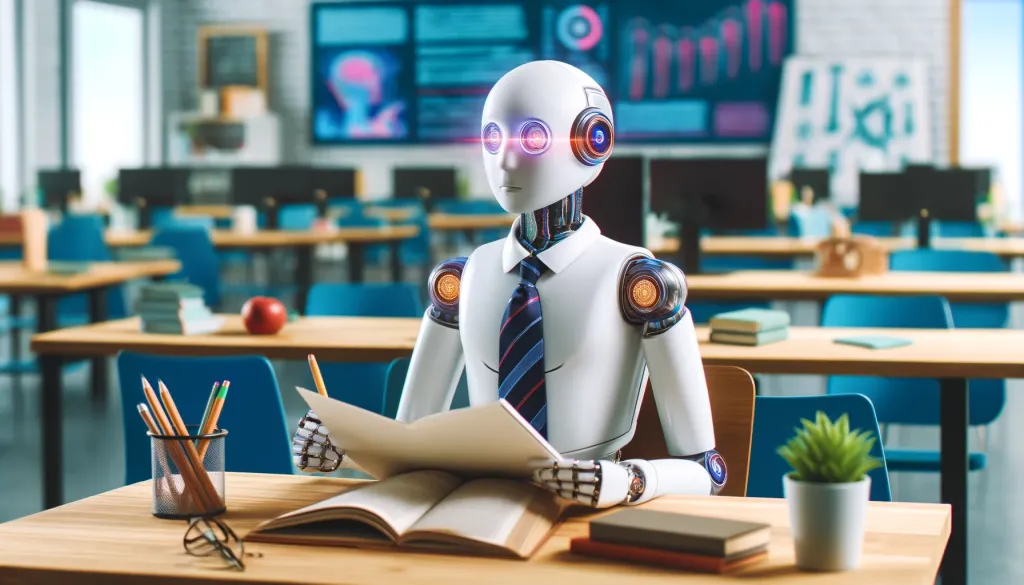 Un robot studieux avec un style de professeur, vérifiant un article à un bureau dans une salle d'université technologique.