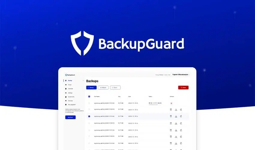 Interface de BackupGuard montrant les options de sauvegarde et restauration pour WordPress.