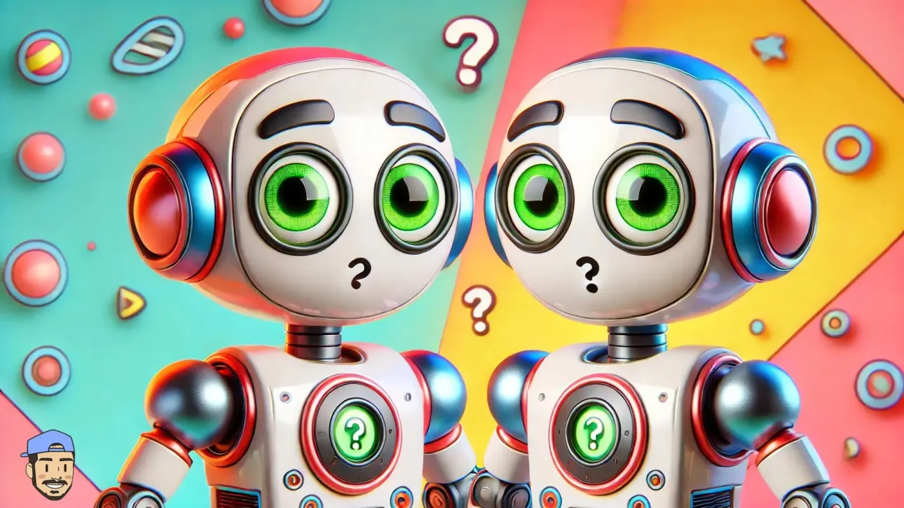 Deux robots identiques avec des yeux verts confus.