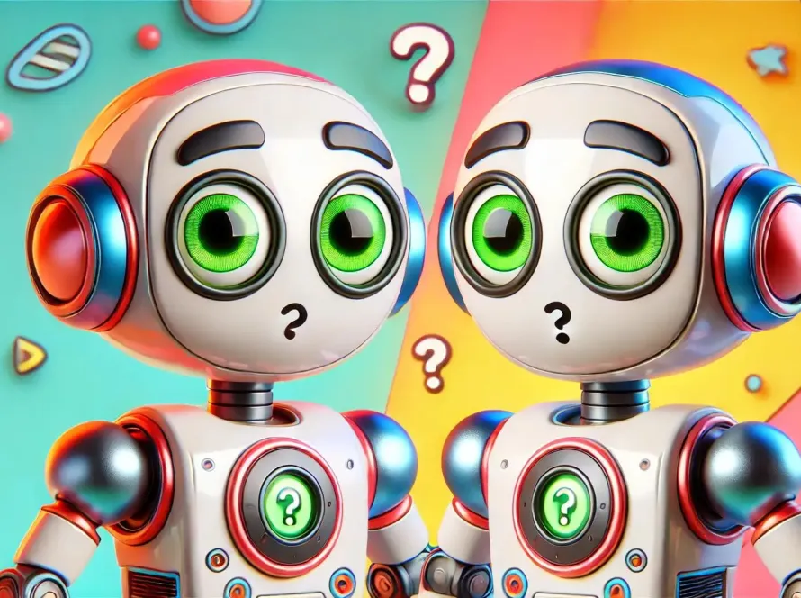 Deux robots identiques avec des yeux verts confus.