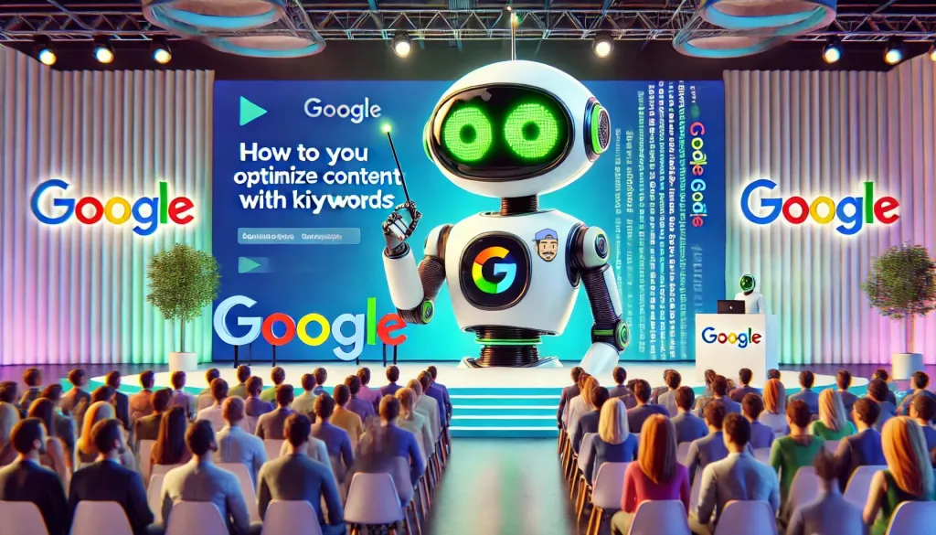 Robot sur scène lors d'un séminaire Google expliquant l'optimisation des mots-clés.