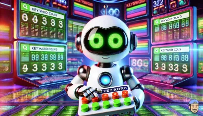 Robot tenant un compteur entouré d'écrans haute technologie affichant des décomptes de mots-clés.