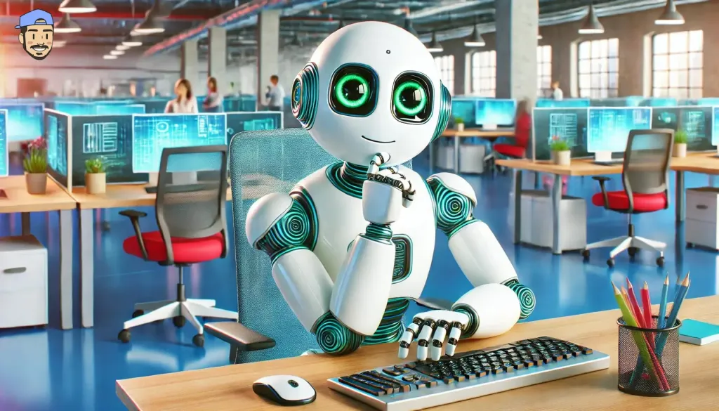 Robot assis dans un bureau open space, écrivant sur un clavier et ayant l'air pensif.