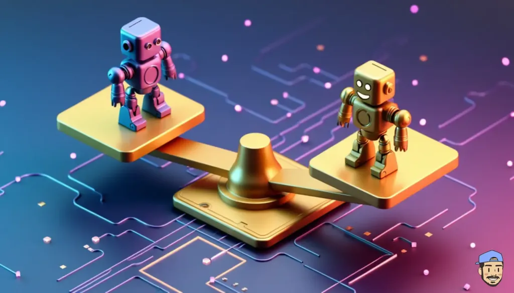 Illustration de deux robots sur une balance, démontrant comment utiliser GPT pour équilibrer différentes technologies d’intelligence artificielle.