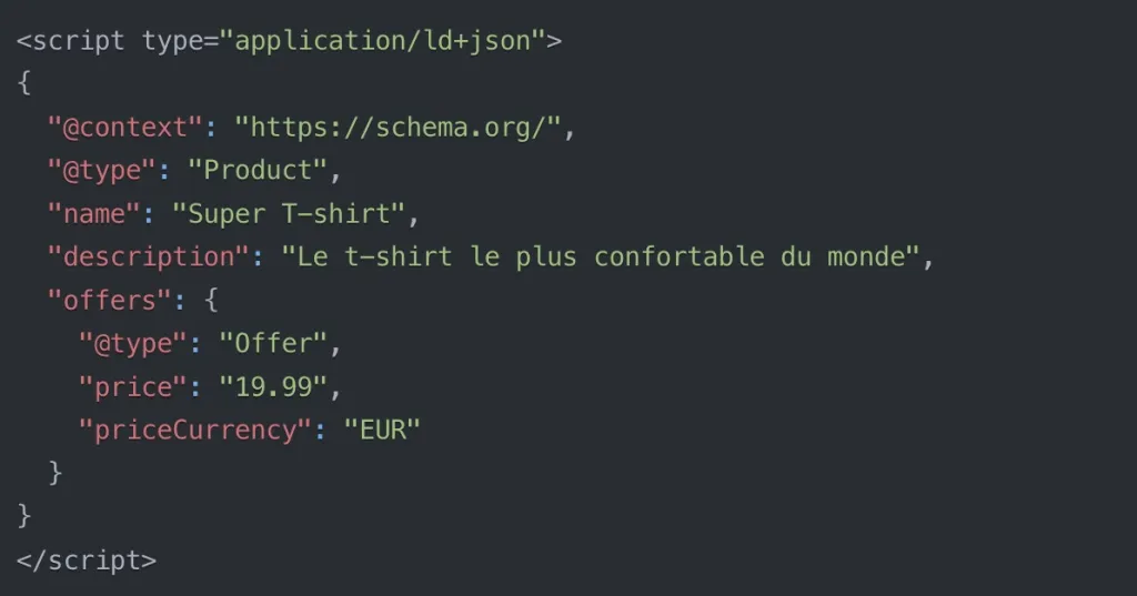 Capture d'écran d'un bloc de code JSON-LD définissant les propriétés d'un produit T-shirt