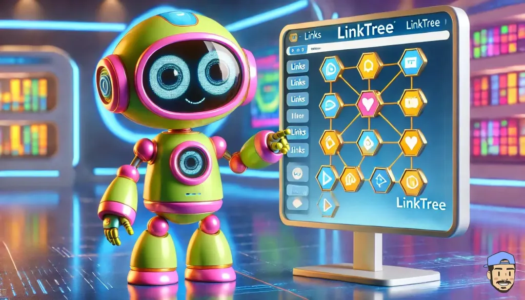 Un robot coloré et futuriste expliquant l'interface Linktree à un autre robot devant un écran numérique.