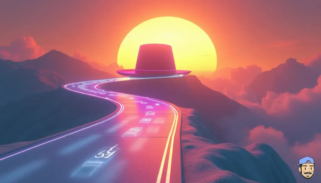 Route 3D menant vers un lever de soleil, symbolisant le voyage du white hat SEO