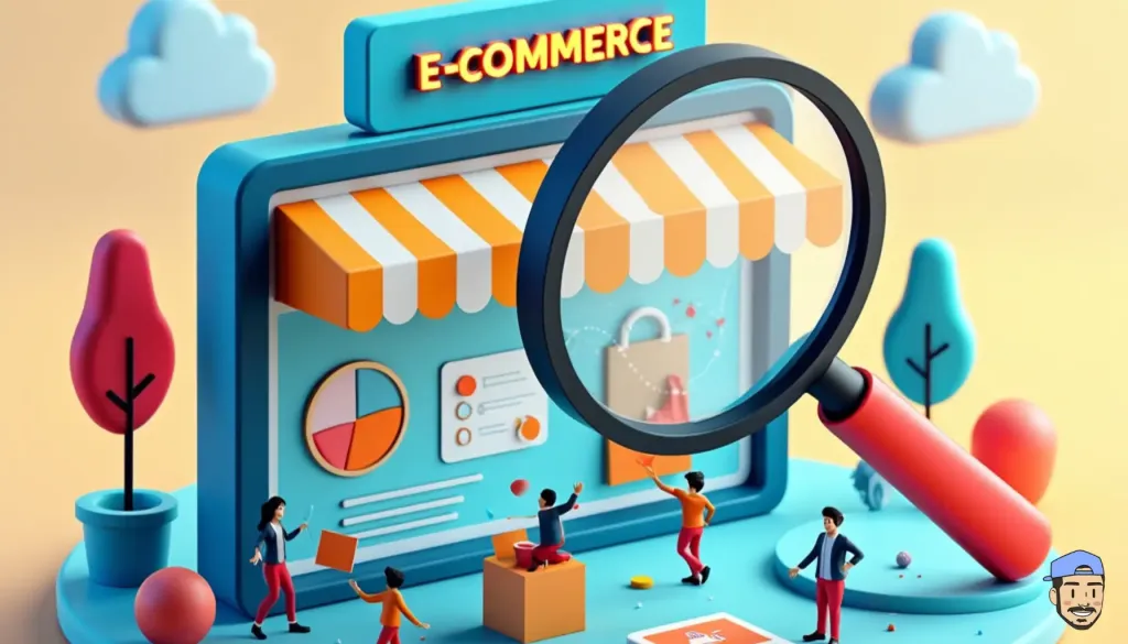 Audit e-commerce : boutique en ligne miniature examinée à la loupe avec éléments d'analyse