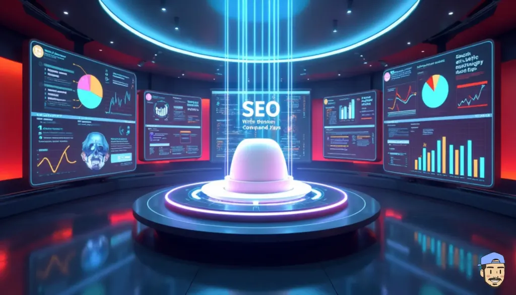 Centre de commande futuriste affichant des métriques de succès du white hat SEO