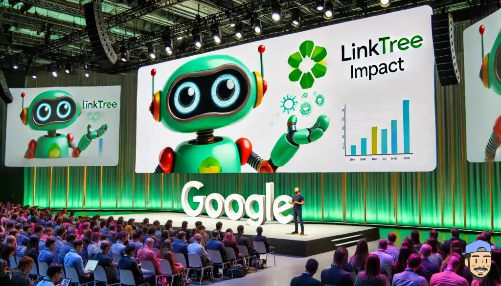 Un robot futuriste présente l'impact de Linktree lors d'une conférence Google devant un public.