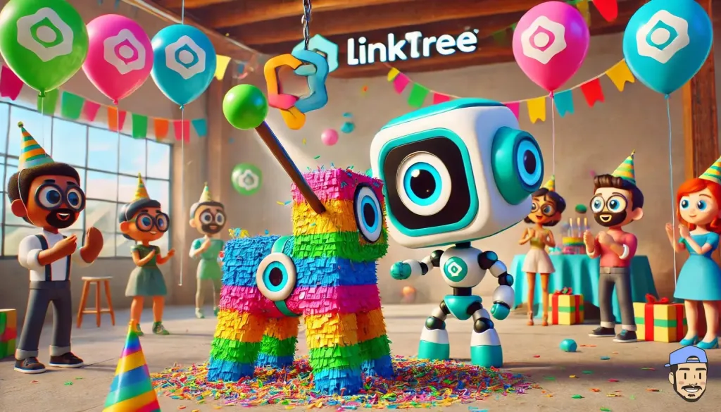 Un robot coloré et futuriste tapant dans une piñata aux couleurs de Linktree lors d'un anniversaire.