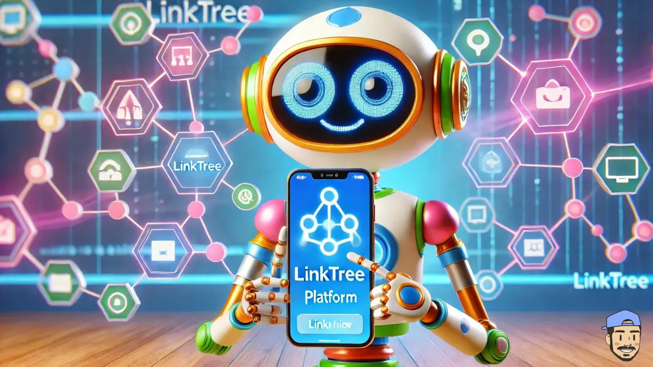 Un robot sympathique et futuriste avec de grands yeux utilisant Linktree sur un téléphone portable.