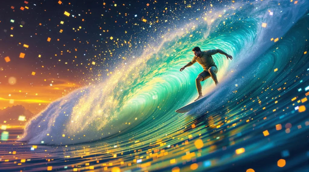 Personnage surfant sur une vague de données lumineuses, représentant l'agilité face à la volatilité Google SEO.