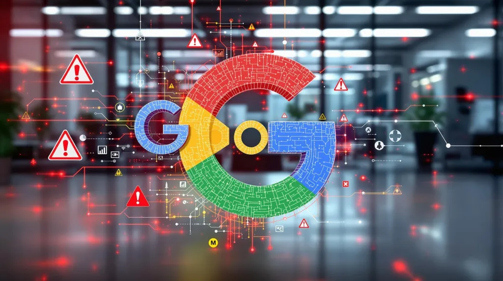 Logo Google transformé avec symboles d'avertissement dans un environnement corporate