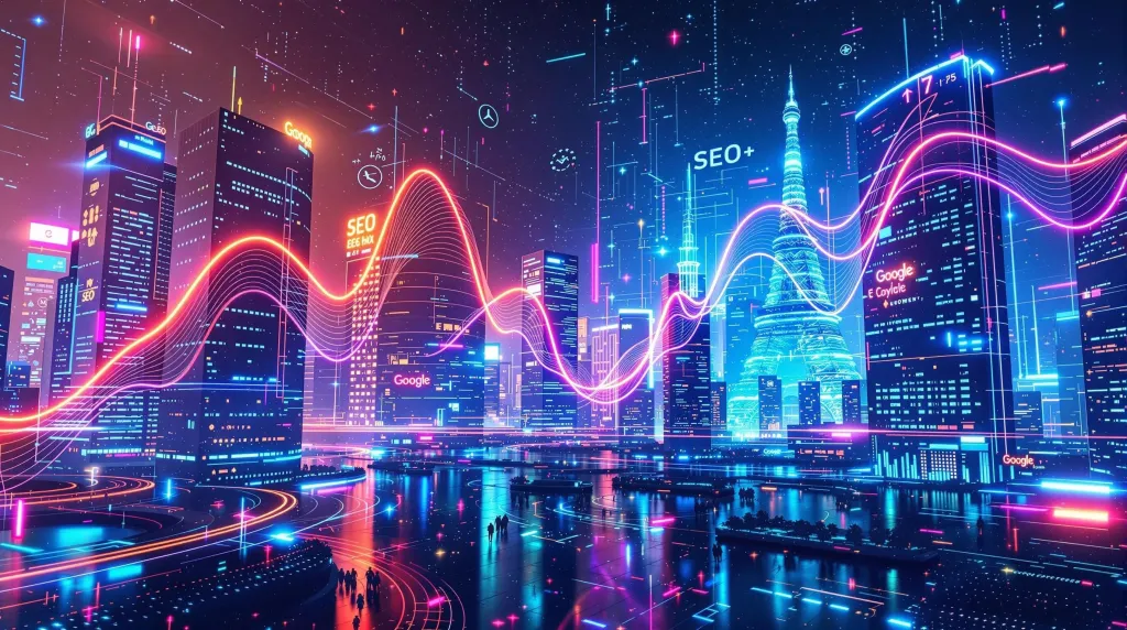 Vue urbaine numérique avec des graphiques SEO en fluctuation constante, symbolisant la volatilité Google SEO.