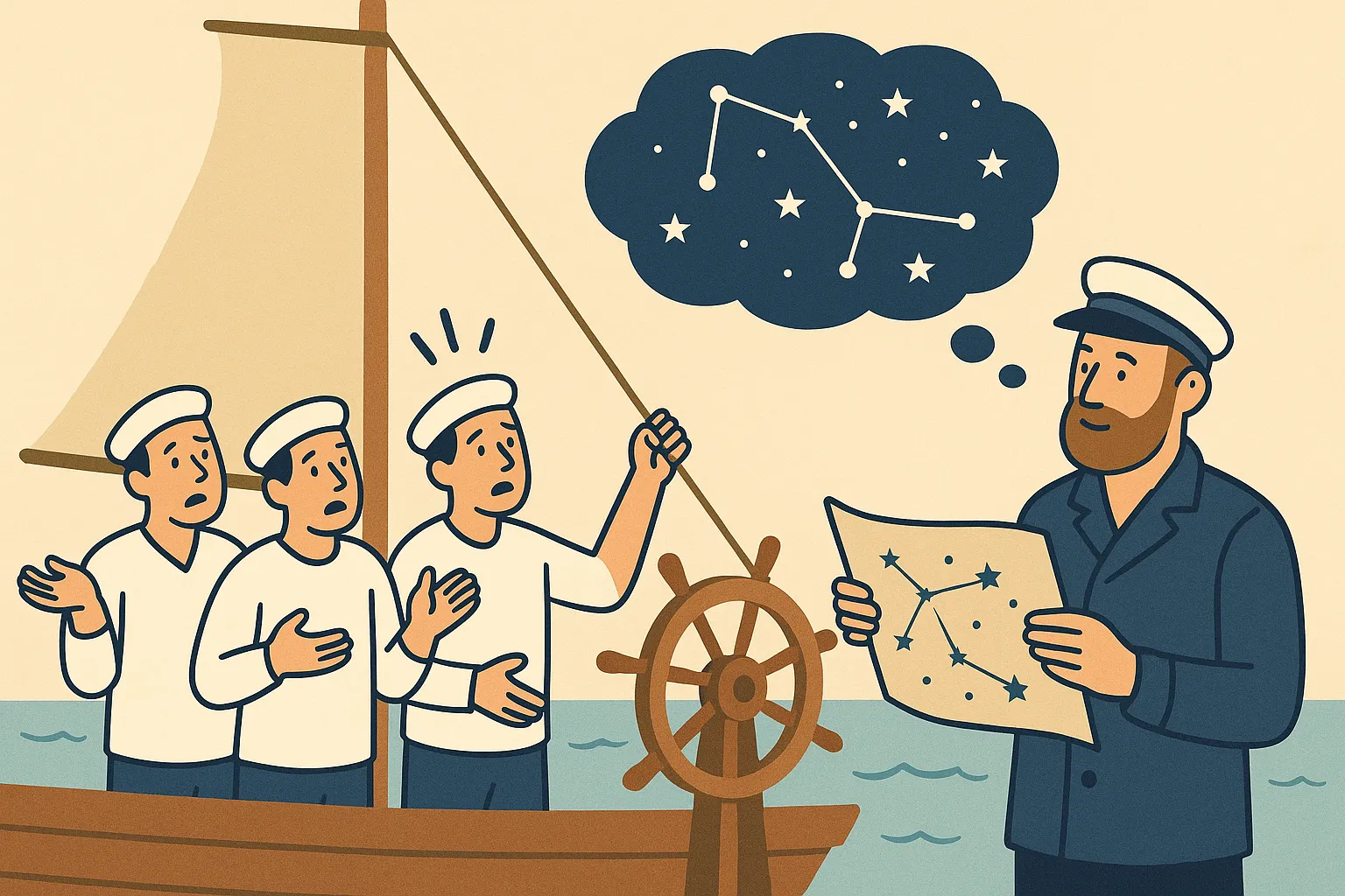 Capitaine ne sachant pas manœuvrer son bateau, allegorie de la formation IA manager seule.