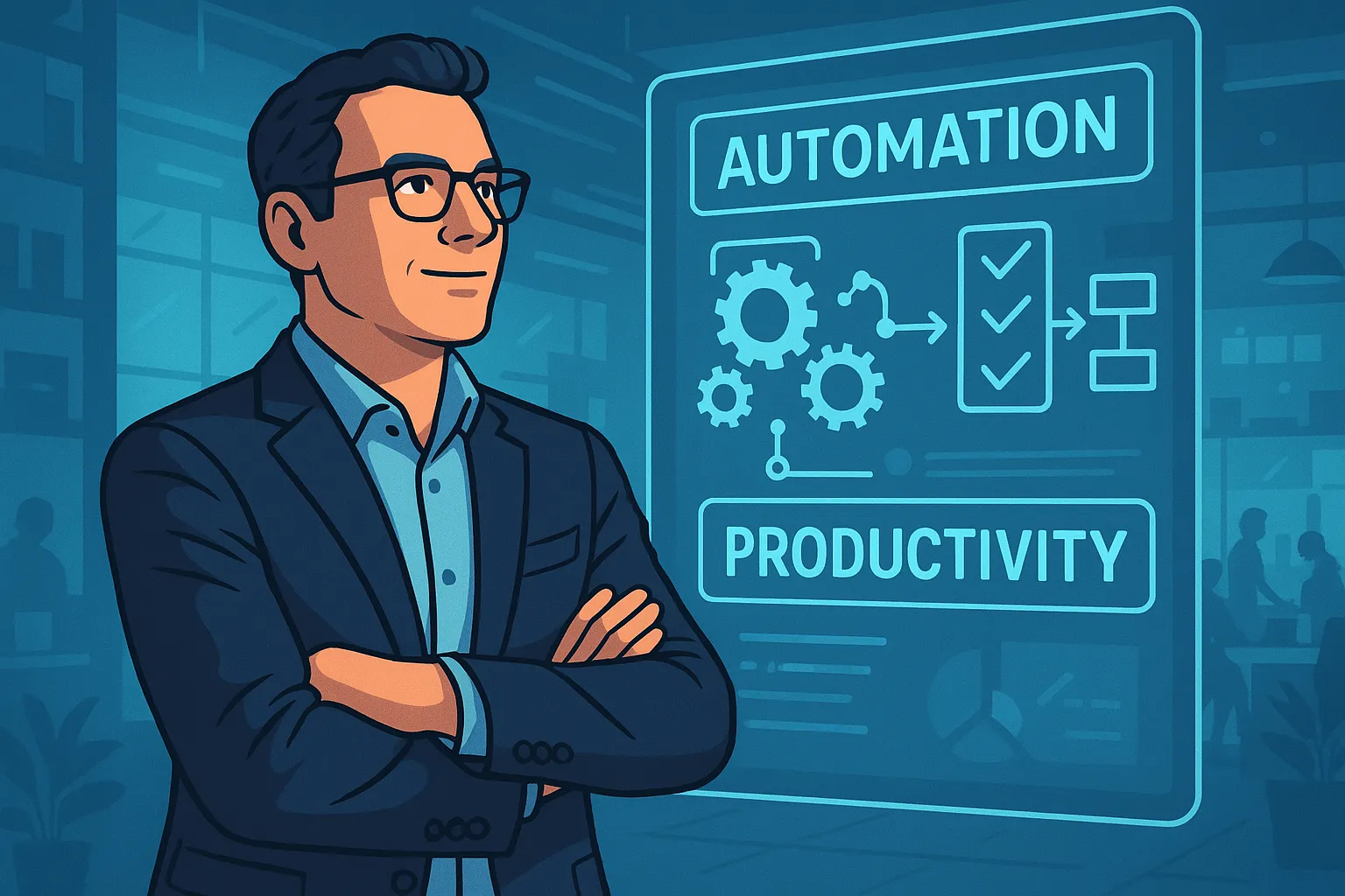 Un entrepreneur devant un écran affichant des tâches automatisées et la productivité accrue grâce à l'IA.
