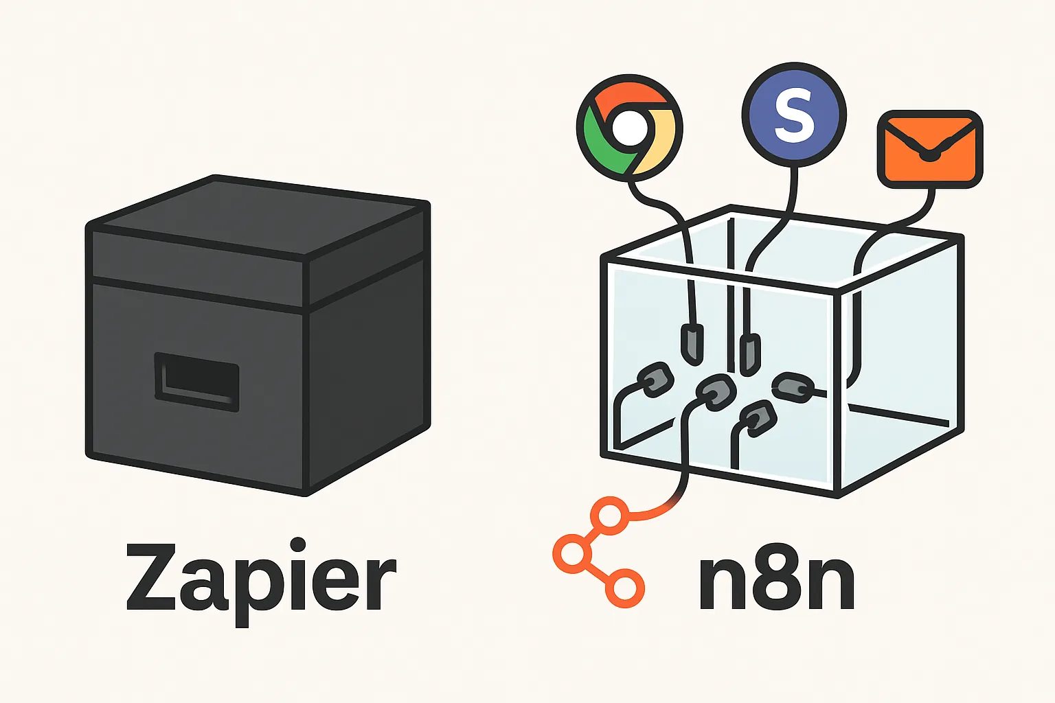 Schéma comparant l'architecture fermée de Zapier à l'architecture ouverte et flexible de n8n pour l'automatisation PME.