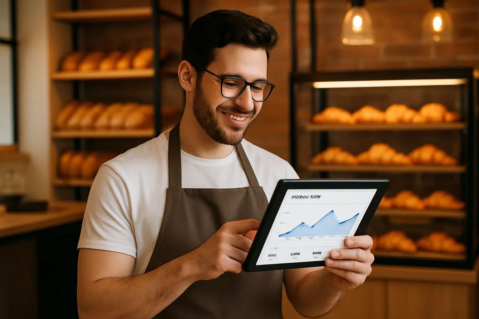 Un boulanger entrepreneur analyse ses ventes sur une tablette grâce à un rapport généré par un workflow KNIME.