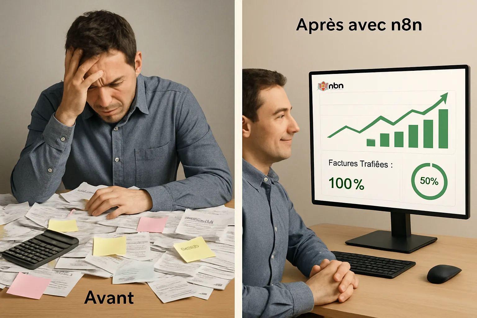 Comparaison avant-apres de la gestion comptable grace a un workflow automation n8n.