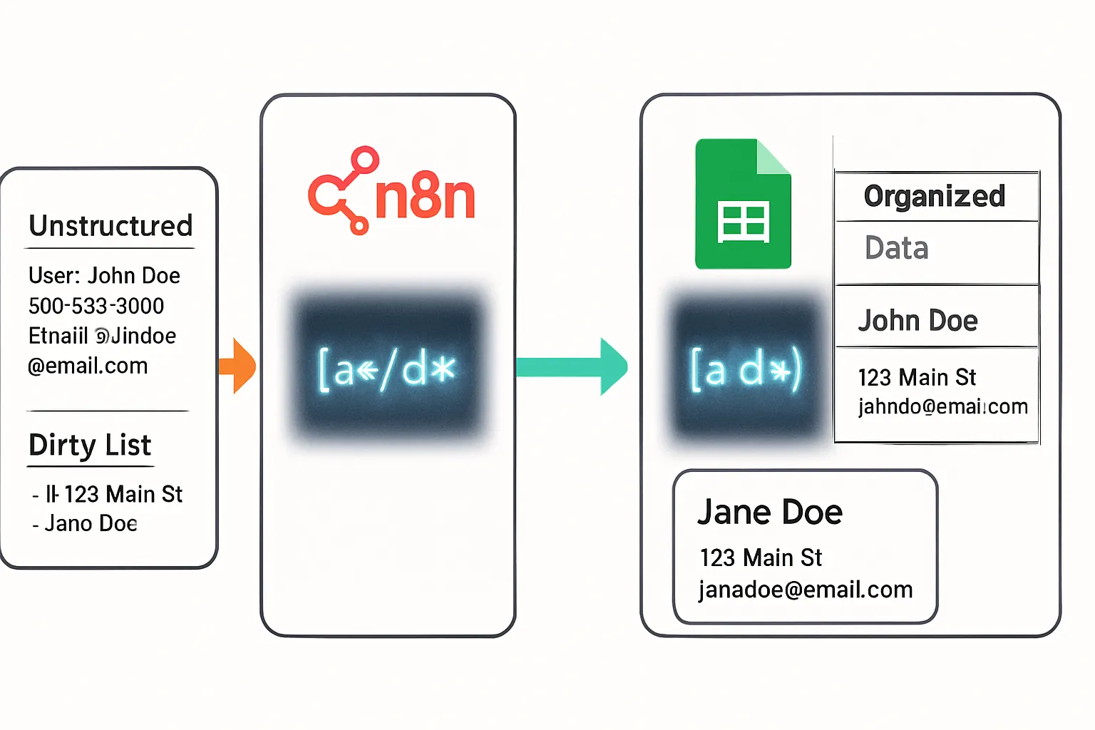Workflow d'automatisation montrant l'utilisation de Regex dans N8N et Google Sheets pour nettoyer et structurer des données en-temps réel.