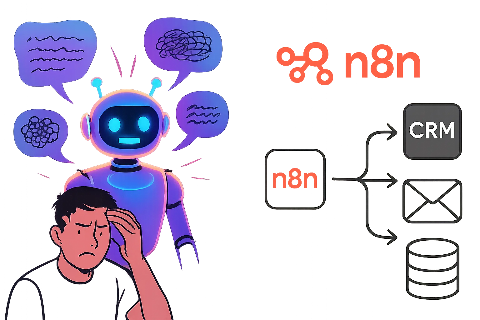 Comparaison entre un chatbot IA complexe et frustrant et un n8n chatbot simple et efficace.