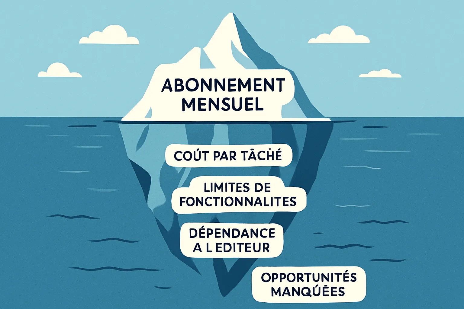 L'iceberg du coût de l'automatisation montrant les coûts cachés de Zapier comparés à la structure de coût de n8n.