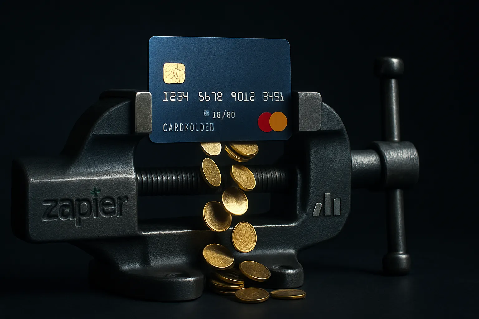 Les coûts cachés des plateformes d'automatisation comme Zapier et Make illustrés par une carte bancaire pressée.