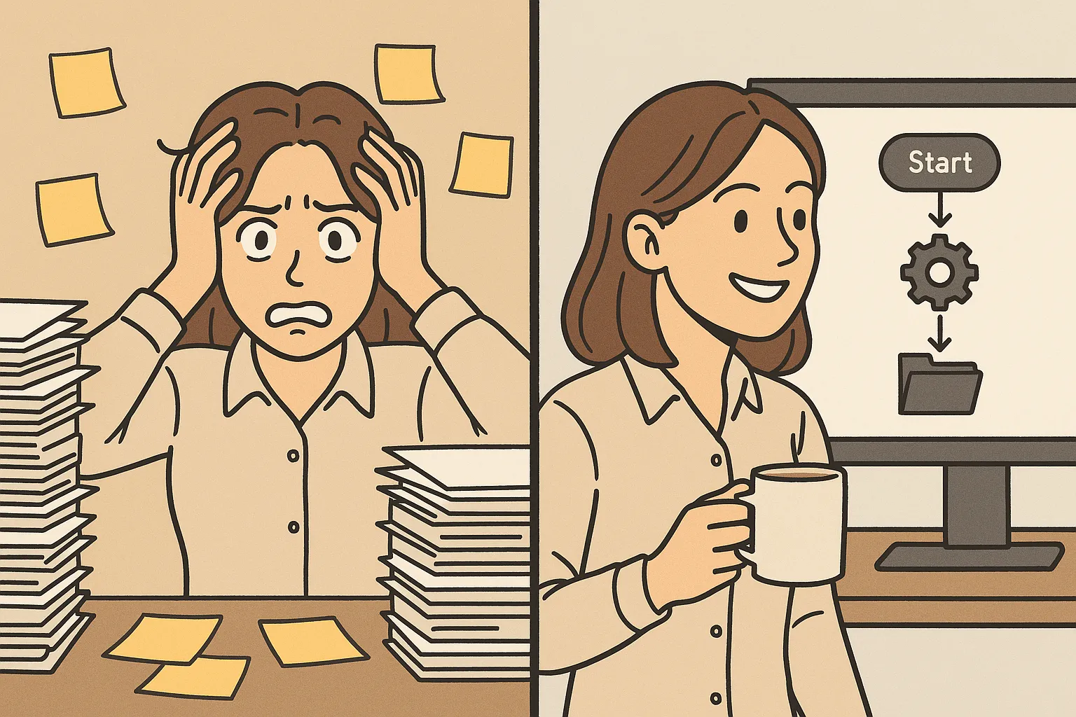Etude de cas no code : une gérante de PME passe du stress manuel a l'efficacité automatisée.