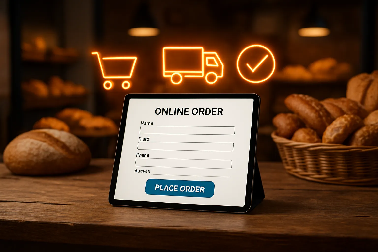 Etude de cas no code avec une tablette sur un comptoir de boulangerie optimisant les commandes.