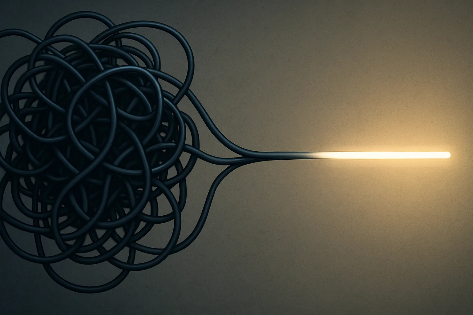 Illustration des pieges a eviter en no code un noeud de cables complexe se transformant en une ligne simple.