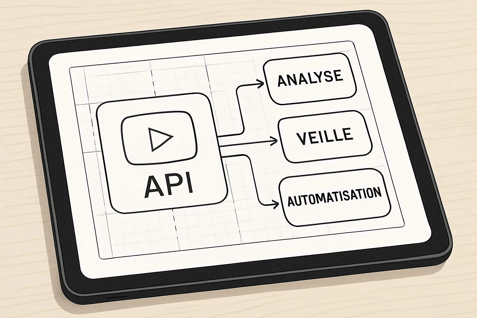 Schéma des fonctionnalités de l'API YouTube pour les entreprises via n8n : analyse, veille, automatisation.