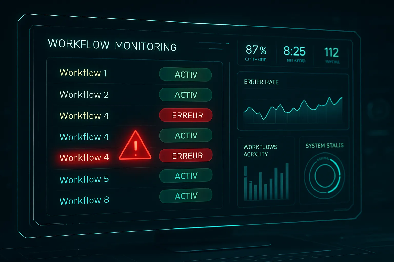 Tableau de bord pour gérer et monitorer les workflows n8n à distance via l'API pour un contrôle total.