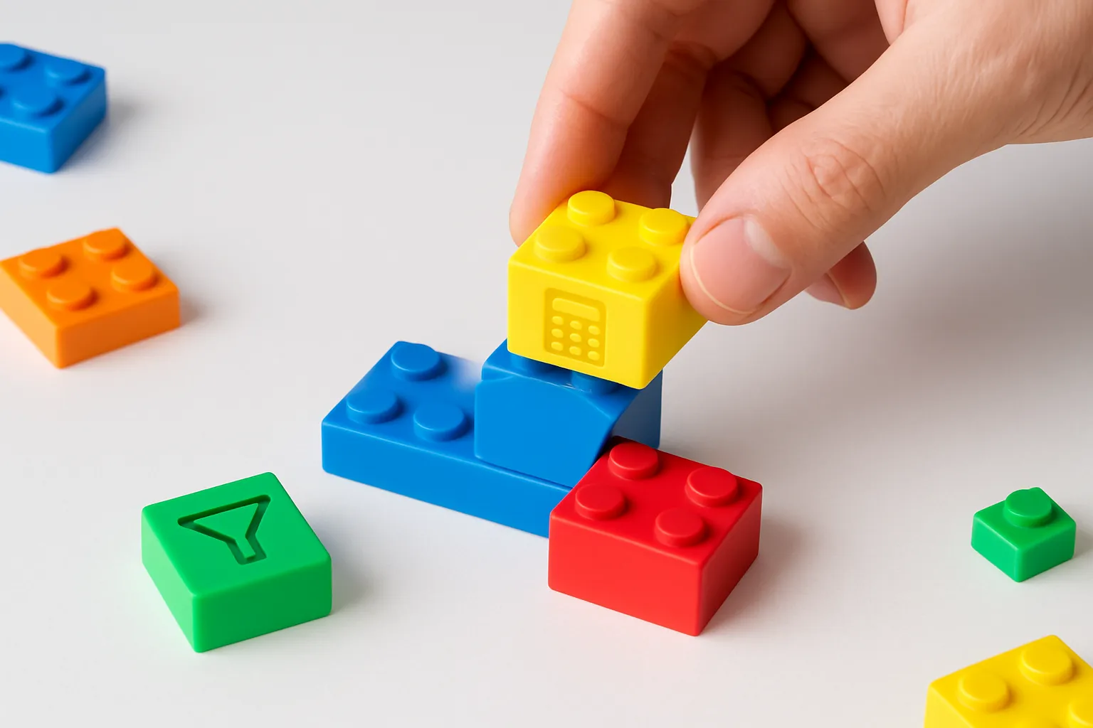 Concept visuel de KNIME où des blocs de données sont assemblés comme des Legos pour créer un workflow.